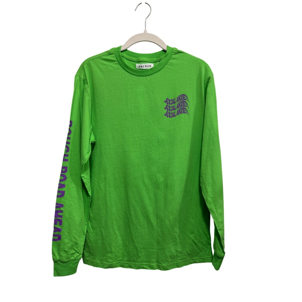PacSun Mens Social Anxiety Graphic Long Sleeve T-Shirt Green Purple Small NEW